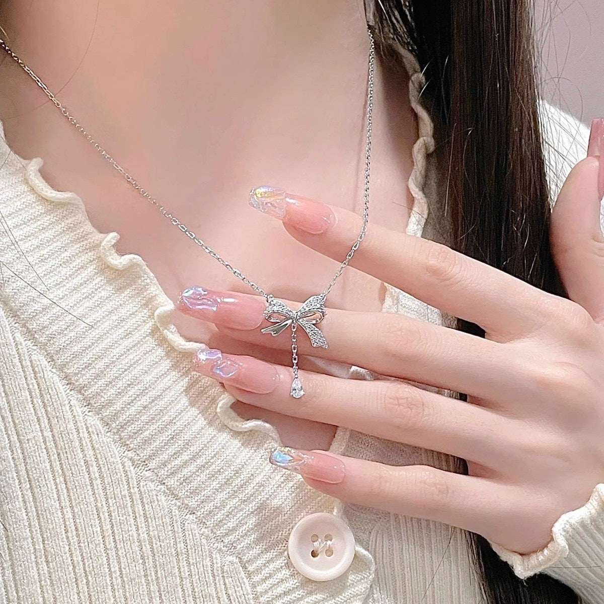 Bow tassel necklace women's trendy versatility sweet temperament niche design sense light luxury water drop pendant collarbone chain