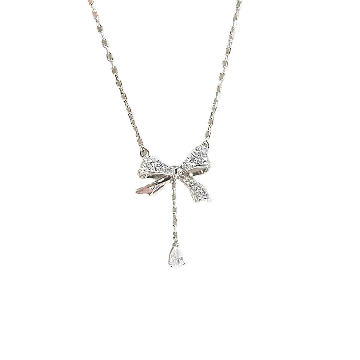 Bow tassel necklace women's trendy versatility sweet temperament niche design sense light luxury water drop pendant collarbone chain