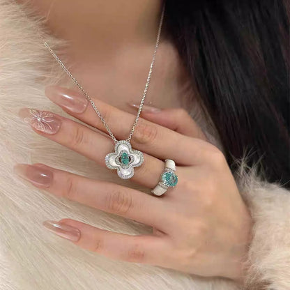 Medieval style paraiba necklace female four-leaf clover white fritillary clavicle chain aquamarine red corundum tourmaline light luxury new
