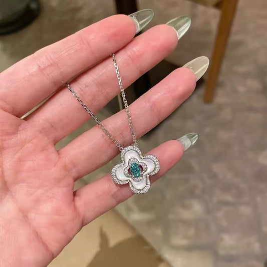Medieval style paraiba necklace female four-leaf clover white fritillary clavicle chain aquamarine red corundum tourmaline light luxury new