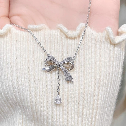Bow tassel necklace women's trendy versatility sweet temperament niche design sense light luxury water drop pendant collarbone chain