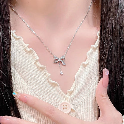 Bow tassel necklace women's trendy versatility sweet temperament niche design sense light luxury water drop pendant collarbone chain