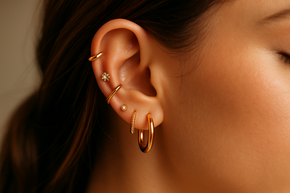 describe a ear's woman with a Collection of gold earrings including hoops, studs, and a close-up of an ear wearing multiple earrings.